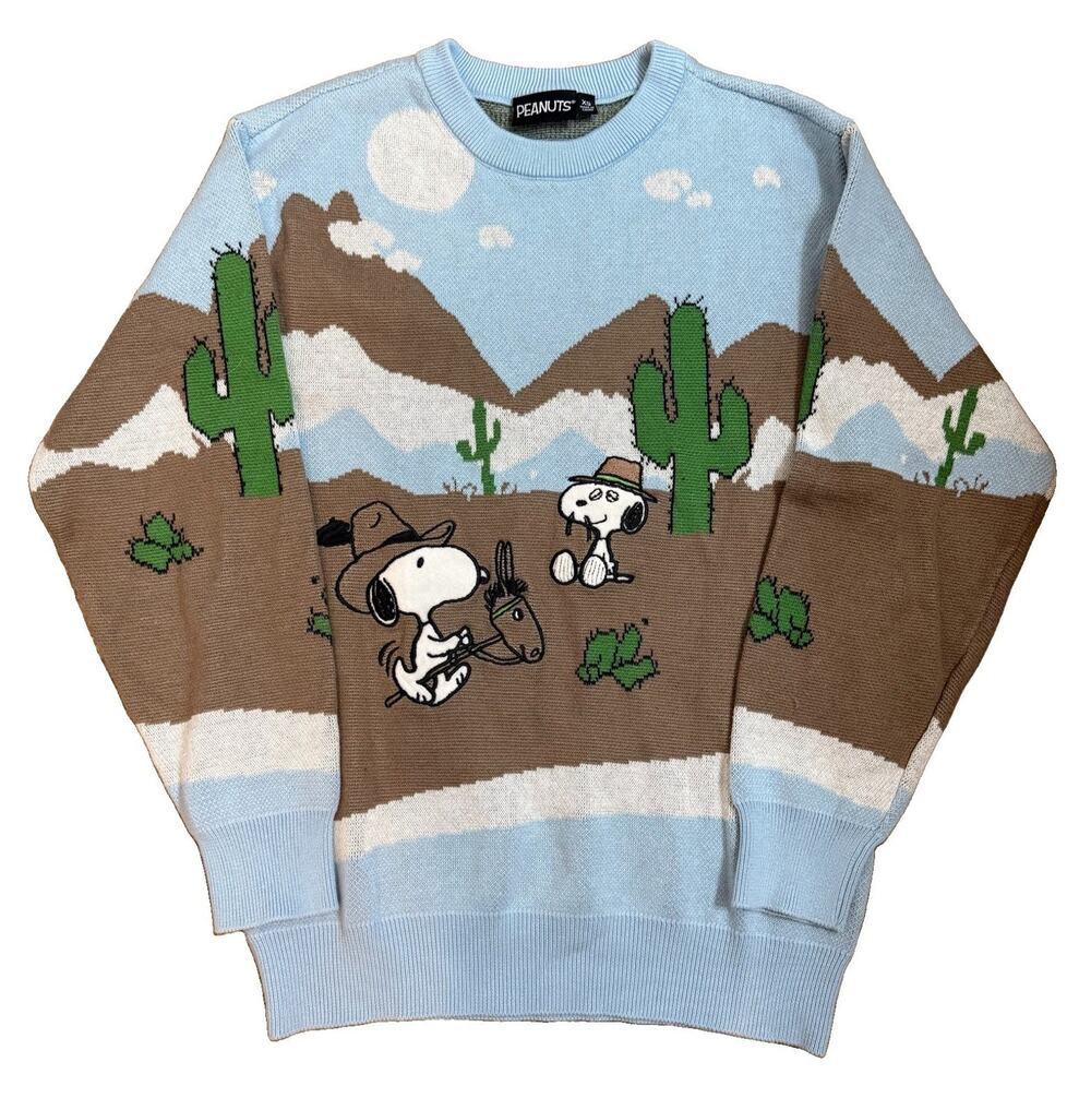 Fashion Nova Peanuts Snoopy Knit Sweater Blue Desert Cowboy Western Cacti Sz XS